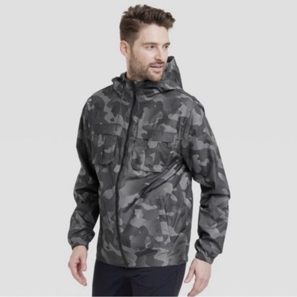 Men's Hooded Camo Windbreaker Jacket - Gray